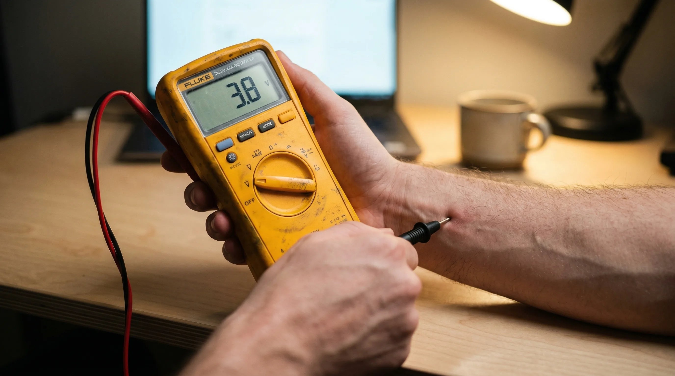 Voltm&egrave;tre montrant 3.8V de tension corporelle