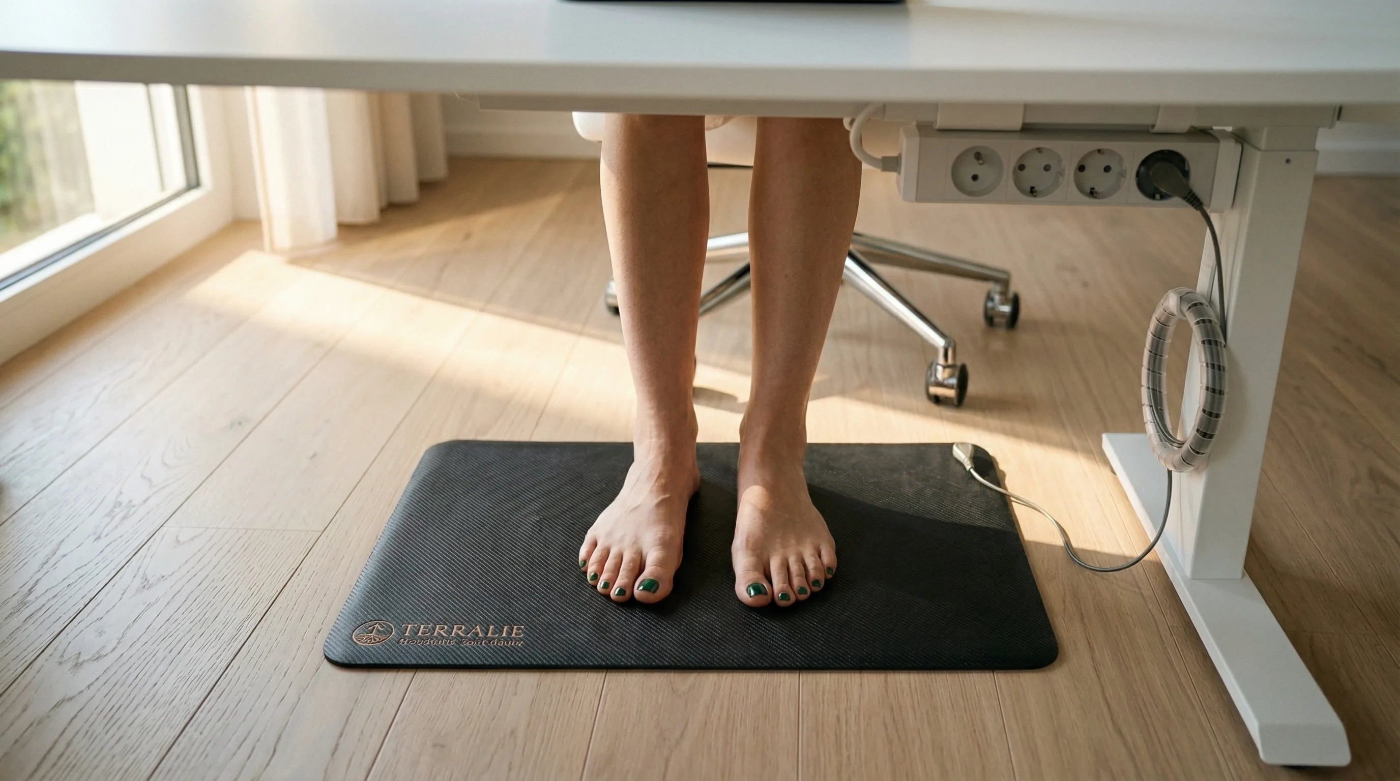 Pieds nus sur le tapis Terralie sous un bureau
